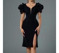 Shein Vestido ajustado de cintura recta con cuello de mujer de lujo hecho a mano, negro, vestido de noche elegante, Vestido de fiesta, Vestimenta de boda pa
