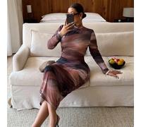 Shein Vestido ajustado de manga larga con cuello redondo, estampado de teñido anudado con pinceladas, de estilo minimalista y casual para tallas grandes