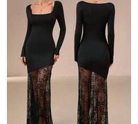 Shein Vestido ajustado de manga larga con encaje negro elegante y romántico con bajo asimétrico para el Día de San Valentín, boda, fiesta, concierto, atuend