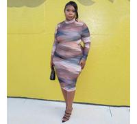 Shein Vestido ajustado de manga larga, cuello redondo, minimalista y casual con estampado tie-dye de pinceladas para tallas grandes