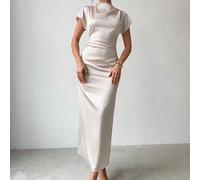 Shein Vestido ajustado de unicolor albaricoque con mangas de capa plisada, elegante, minimalista, digno, de moda, versátil para el trabajo, las vacaciones y