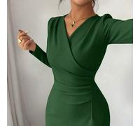 Shein Vestido ajustado de unicolor con cuello en V, manga larga, plisado en la cintura, elegante, de moda, cómodo, encantador, retro, simple y de alta gama