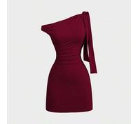 Shein Vestido ajustado sexy con volantes en el hombro oblicuo, que ciñe la cintura, estilo francés chic, minifalda ajustado