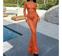 Shein Vestido ajustado sexy de mujer con malla transparente, hombros descubiertos y manga larga, elegante de verano