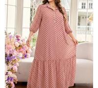 Shein Vestido Árabe Casual para Mujer Talla Grande con Estampado de Lunares, Cuello de Camisa, Manga 3/4, Ajuste Holgado Regular, Primavera Verano