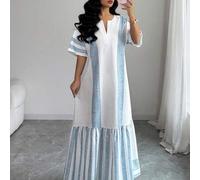 Shein Vestido árabe de estilo vacacional de manga corta, de ajuste holgado, con estampado de rayas azules y blancas de lino, para primavera/verano