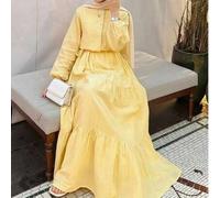 Shein Vestido árabe de manga larga con cuello redondo, con detalles de lazo, diseño de puño, elegante y de moda, vestido amarillo de primavera