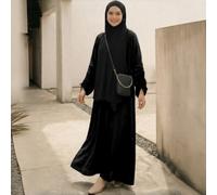 Shein Vestido árabe de manga larga con tejido elástico para mujer, elegante túnica de cuello redondo, uso diario elegante primavera negro