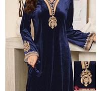 Shein Vestido árabe de manga larga, elegante y de terciopelo con estampado floral retro para mujer, primavera/otoño