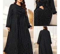 Shein Vestido árabe de mujer talla grande, estilo casual, estampado de lunares, plisado, cuello redondo, manga larga, corte holgado regular, para primavera/