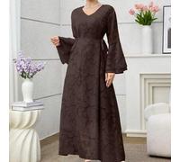 Shein Vestido árabe de unicolor con mangas acampanadas, cuello en V, lazo doble y tela con estampado de flores, para primavera/otoño y estilo casual de vaca