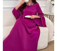 Shein Vestido árabe de unicolor y simple para uso diario, con abertura y mangas acampanadas, para primavera y verano. Vestido elegante y modesto de manga la