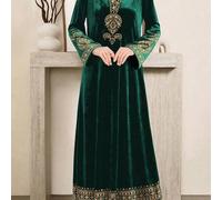 Shein Vestido árabe elegante de manga larga con estampado de flores y paisley de terciopelo, adecuado para primavera y otoño