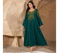 Shein Vestido árabe holgado de manga larga, cuello redondo, bordado, casual, de talla grande, para primavera/otoño