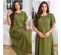Shein Vestido árabe holgado de talla grande con cuello redondo y borde con concha de unicolor minimalista para primavera y verano