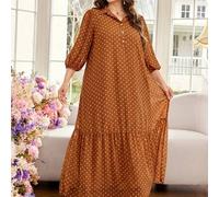 Shein Vestido árabe para mujer de talla grande, estilo casual, estampado de lunares, cuello de camisa, manga 3/4, holgado, ajuste regular, primavera-verano