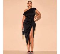 Shein Vestido asimétrico de satén negro con pliegues y abertura alta, elegante y sexy, ideal para ocasiones como fiestas, vacaciones en la playa, eventos es