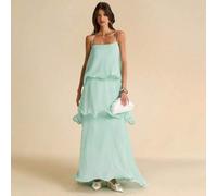 Shein Vestido azul sólido sin mangas con volantes en línea A, vestido de playa de vacaciones, vestido elegante y sexy, adecuado para cóctel, fiesta formal,