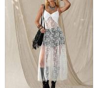 Shein Vestido básico de verano de estilo casual estadounidense con encaje y patchwork, ideal para festivales de música country, de tirantes finos y longitud