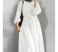 Shein Vestido blanco de manga larga, cuello redondo, elegante, de tela tejida sólida, con cordón en la cintura, estilo árabe digno para la primavera