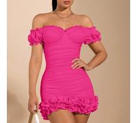 Shein Vestido blanco mini con diseño ceñido y fruncido, manga de encaje y dobladillo abultado, perfecto para citas de verano, festival de diosas, bodas, vac