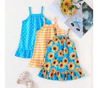Shein Vestido cami lindo con diseño de girasol impreso para bebé niña en estilo de vacaciones de verano, conjunto de 3 piezas multicolor