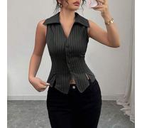 Shein Vestido-camisa casual de vacaciones de estilo francés elegante para mujeres, cuello en V, decoración con botones, abertura en forma de V en el bajo, b