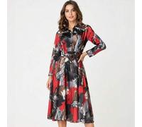 Shein Vestido camisero a media pantorrilla, vestido midi, cuello, top abotonado, mangas largas con puños, cinturón, bajo acampanado, largo hasta media panto