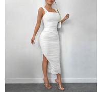 Shein Vestido camisero ajustado con pliegues en los laterales y abertura en el bajo para mujer de talla grande de unicolor