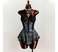 Shein Vestido camisero bohemio vintage con bustier de encaje, parches, botones metálicos y estampado de paisley con bajo acampanado