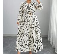 Shein Vestido camisero casual de manga larga con estampado geométrico y volante en el bajo para mujer de talla grande
