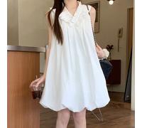 Shein Vestido camisero casual de mujer con cuello en V, volantes en el bajo y sin mangas a media pierna