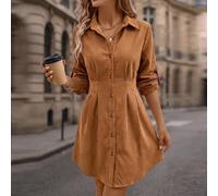 Shein Vestido camisero casual de mujer de un solo color con mangas enrolladas y abotonadura sencilla, estilo años 70, en tonos de marrón, para brunch, ofici