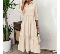 Shein Vestido camisero casual de mujer de unicolor para el verano, con diseño casual, botones bonitos, volantes en el bajo y mangas de tres cuartos con cuel