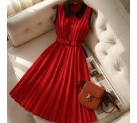 Shein Vestido camisero casual sin mangas con cuello de contraste, abotonadura a media altura y bajo plisado