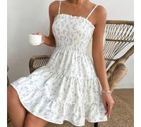 Shein Vestido camisero con estampado floral diminuto, volantes en el bajo y detalles de fruncido para vacaciones y salidas a la playa para mujeres