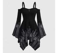 Shein Vestido camisero con hombros descubiertos, encaje de contraste, estampado de iglesia y bajo asimétrico, estilo gótico