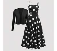 Shein Vestido camisero con lunares y cintura con lazo, bajo acampanado, combinado con cárdigan de punto, estampado floral bohemio