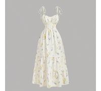 Shein Vestido camisero con volantes en el pecho, hombros con lazo, cintura ceñida, bajo acampanado y estampado floral pequeño