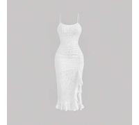 Shein Vestido camisero con volantes y bajo arrugado, vestido de flamenca, vestido blanco de graduación