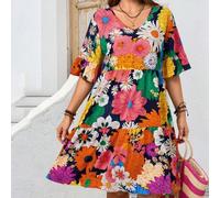 Shein Vestido camisero con vuelo en el bajo, cuello en V y manga 3/4 con estampado floral tropical, adecuado para primavera/verano, tallas grandes para muje