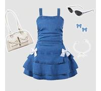Shein Vestido camisero corto de mezclilla con decoración de moño, cintura delgada y bajo asimétrico con volantes, perfecto para el verano y cómodo para niña