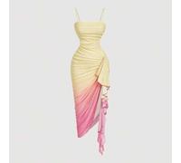 Shein Vestido camisero de Body ceñido con bajo con volantes y abertura drapeada en contraste de color degradado para mujer
