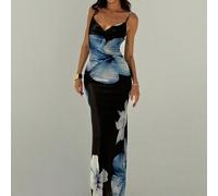 Shein Vestido camisero de corte ajustado con flores para mujer, cuello en V, bajo perfil, con espalda transparente y tirantes spaghetti