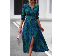 Shein Vestido camisero de manga larga con cuello de solapa y estampado de leopardo para mujer de talla grande, manga regular, abertura en el bajo y cinturón