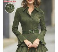 Shein Vestido camisero de manga larga con volantes en el bajo, de color liso y en ante para mujer