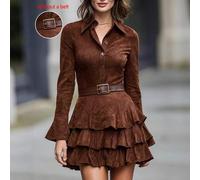 Shein Vestido camisero de manga larga con volantes en el bajo, de unicolor y de ante, elegante para mujer