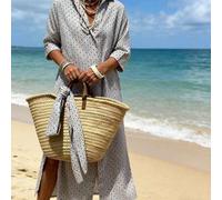 Shein Vestido camisero de mujer con abertura en el bajo y manga corta, vestido camisero de tejido no elástico con hombros caídos, vestido de moda casual y e