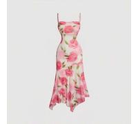 Shein Vestido camisero de mujer con estampado floral romántico, busto fruncido, bajo asimétrico y malla elástica