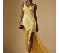 Shein Vestido camisero de mujer con tirantes finos, encaje amarillo y parches, con abertura alta en el bajo, para el Día de San Valentín